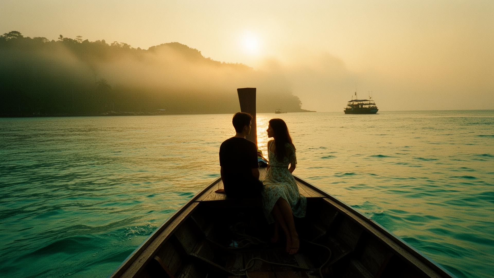 Couple on a longtail boat at sunset in Thailand